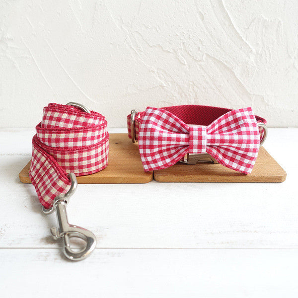 HKM-5660349 Plaid Pet Collar Bow Tie Set with Leash - Durable Polyester Material, Various Sizes