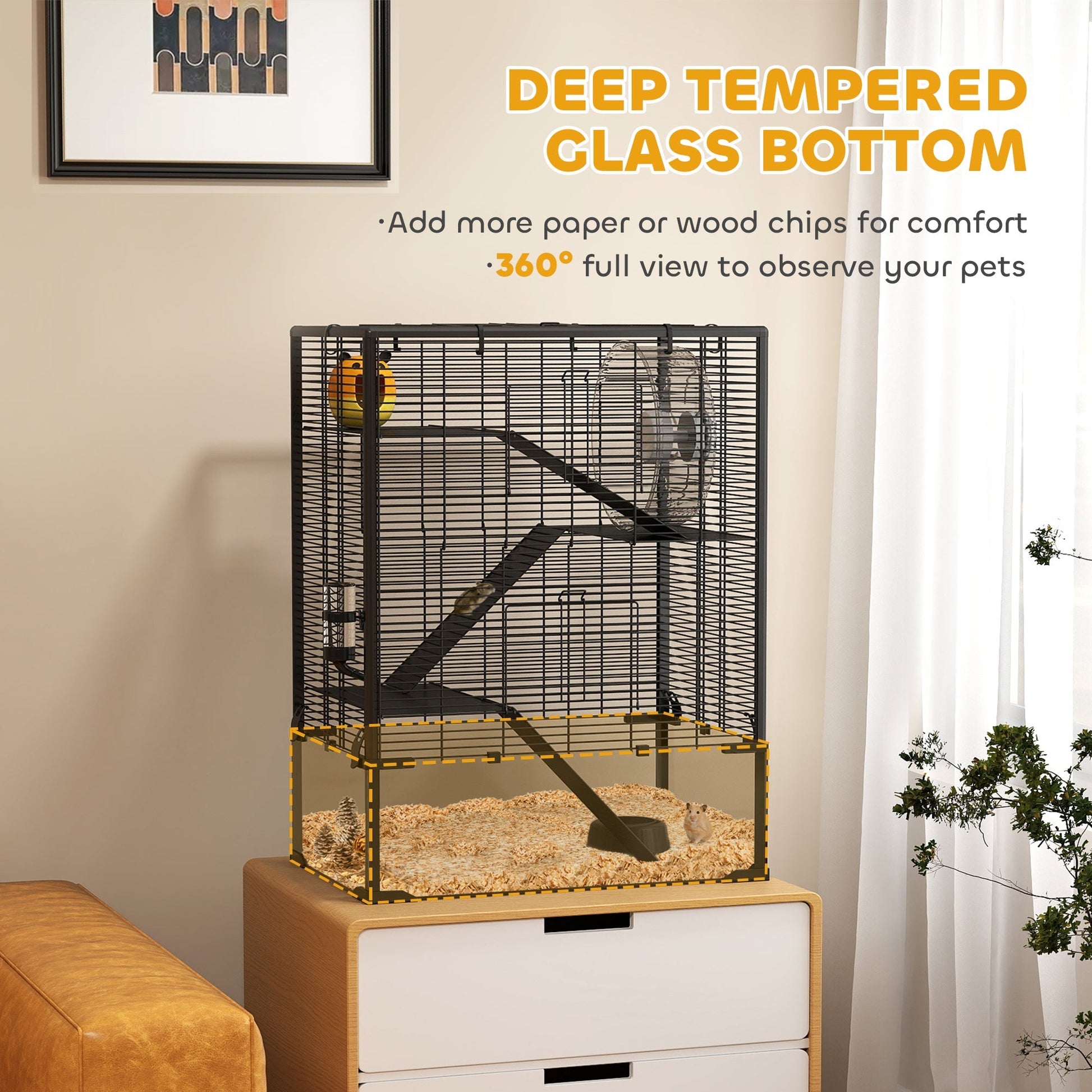 HKM-5662013 4-Tier Hamster Cage with Tempered Glass Bottom, Ramps, Hut, and Accessories