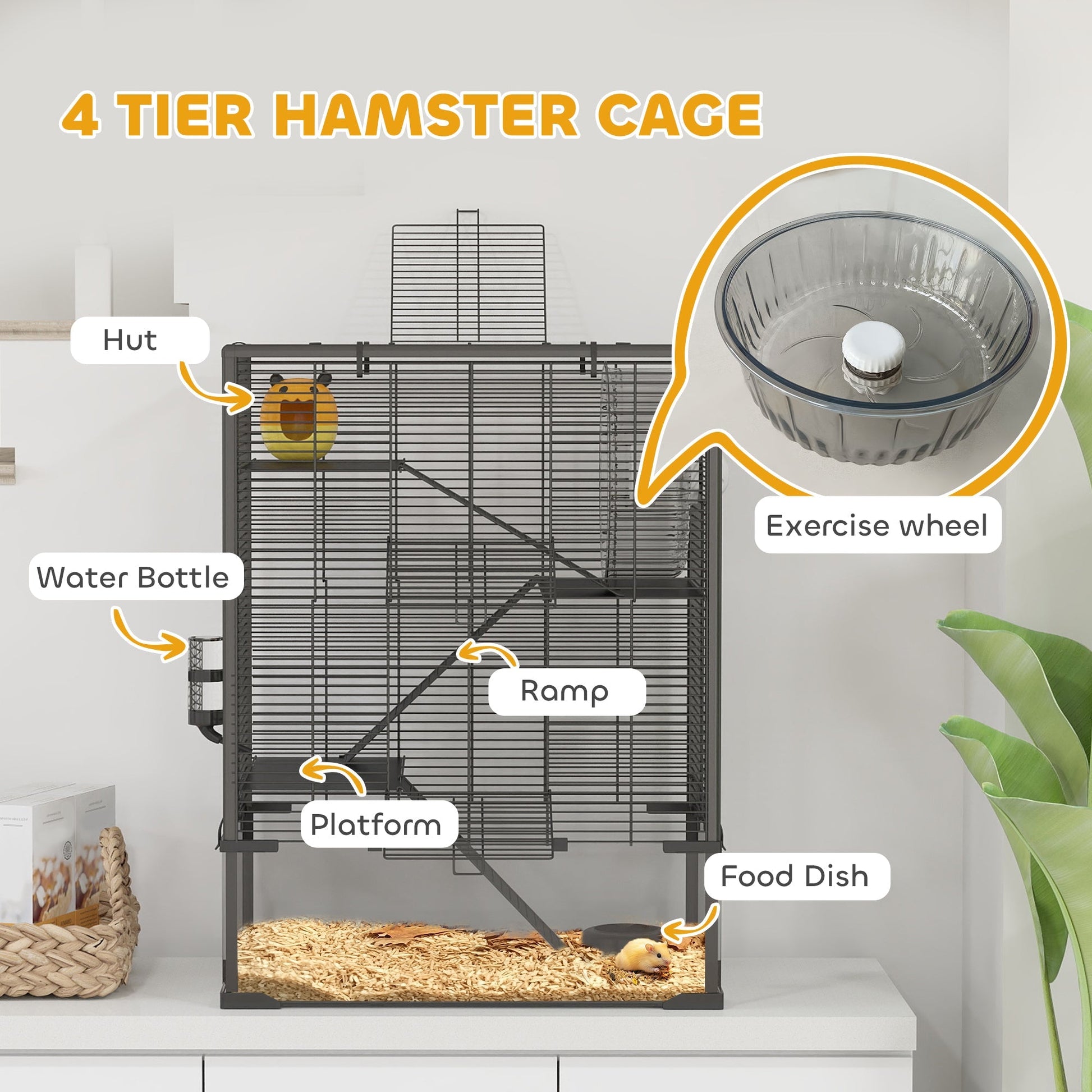 HKM-5662013 4-Tier Hamster Cage with Tempered Glass Bottom, Ramps, Hut, and Accessories