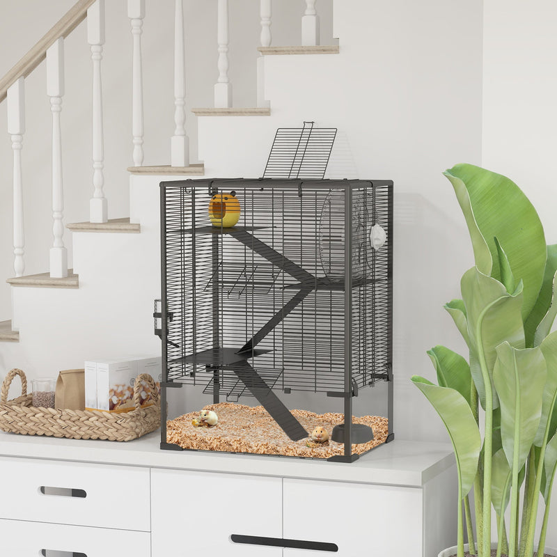 HKM-5662013 4-Tier Hamster Cage with Tempered Glass Bottom, Ramps, Hut, and Accessories