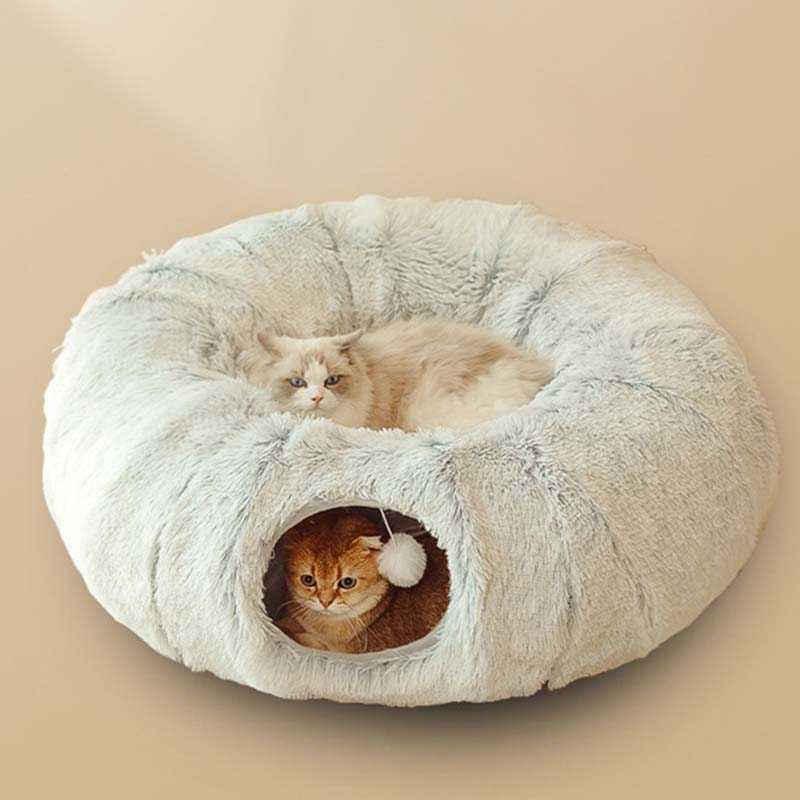HKM-5663421 Cozy Plush Cat Tunnel Bed with Collapsible Donut Design for Indoor Pets