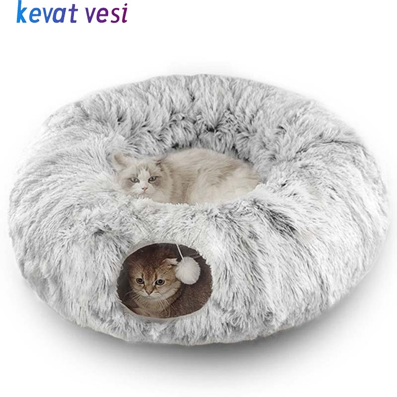 HKM-5663421 Cozy Plush Cat Tunnel Bed with Collapsible Donut Design for Indoor Pets