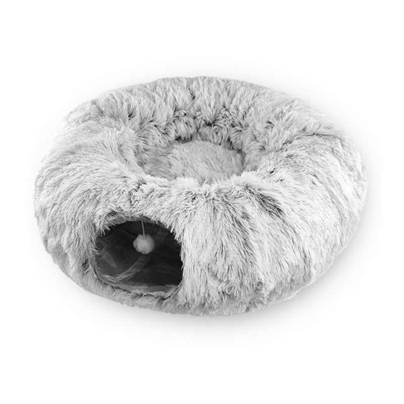 HKM-5663421 Cozy Plush Cat Tunnel Bed with Collapsible Donut Design for Indoor Pets