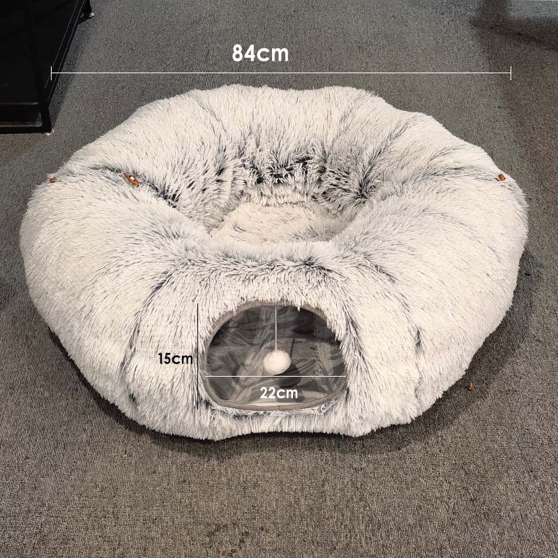 HKM-5663421 Cozy Plush Cat Tunnel Bed with Collapsible Donut Design for Indoor Pets