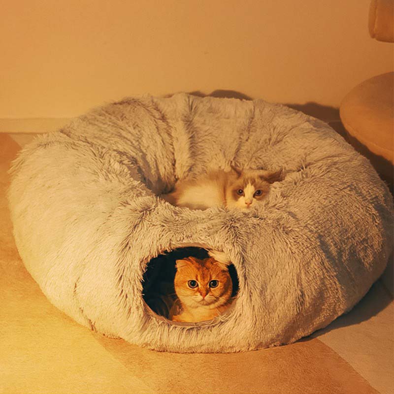 HKM-5663421 Cozy Plush Cat Tunnel Bed with Collapsible Donut Design for Indoor Pets