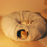 HKM-5663421 Cozy Plush Cat Tunnel Bed with Collapsible Donut Design for Indoor Pets