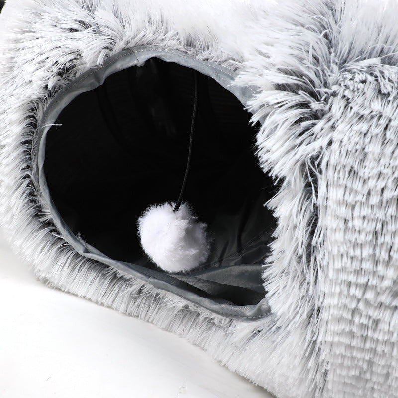 HKM-5663421 Cozy Plush Cat Tunnel Bed with Collapsible Donut Design for Indoor Pets