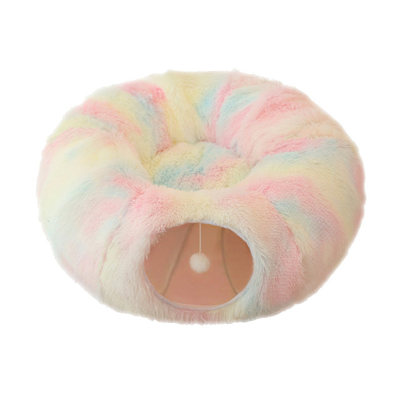 HKM-5663421 Cozy Plush Cat Tunnel Bed with Collapsible Donut Design for Indoor Pets