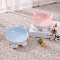 HKM-5665597 Ceramic Cat Face Bowl with High Base for Comfortable Feeding and Drinking - Ideal Pet Food Utensil