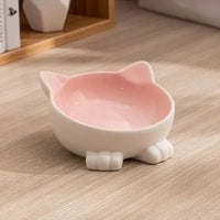 HKM-5665597 Ceramic Cat Face Bowl with High Base for Comfortable Feeding and Drinking - Ideal Pet Food Utensil