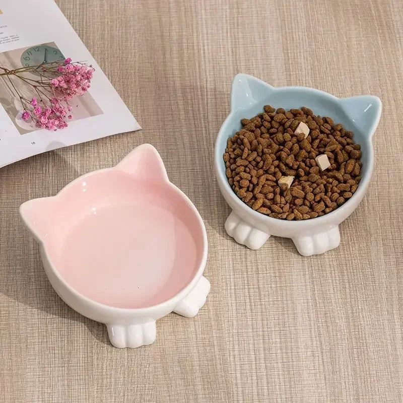 HKM-5665597 Ceramic Cat Face Bowl with High Base for Comfortable Feeding and Drinking - Ideal Pet Food Utensil
