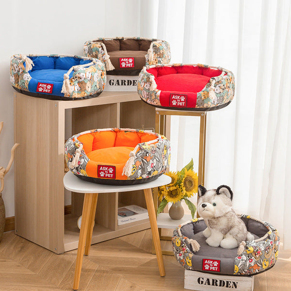 HKM-5668157 Plush Thickened Printed Canvas Pet Nest in Multiple Colors and Sizes