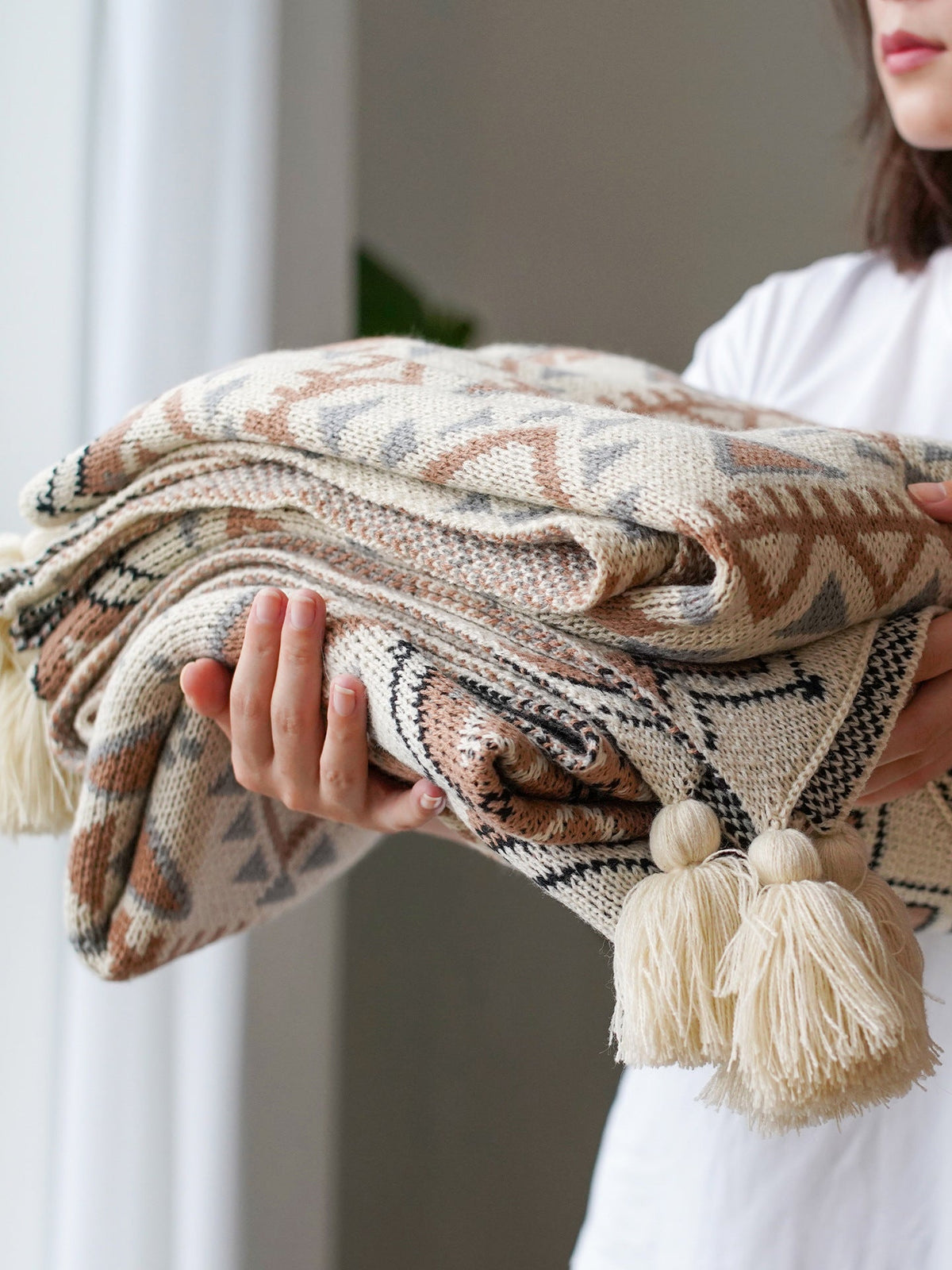 HKM-567059 Geometric Flower Pattern Acrylic Knitted Wool Tapestry Blanket
