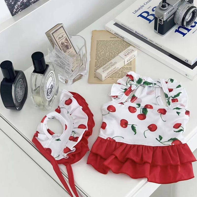 HKM-5671485 Cute Cherry Print Swimsuit Dress for Puppies in Red, Available in Multiple Sizes