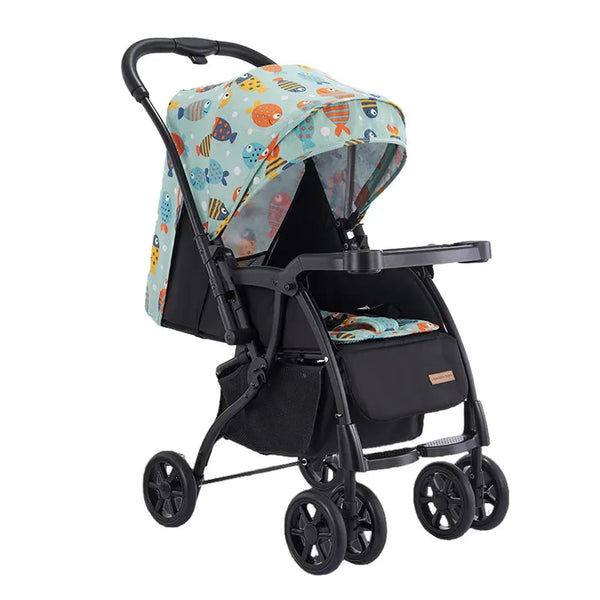 HKM-6567251 Foldable Baby Buggy Stroller with an Iron Frame and a Front Snack Tray with Cup Holders for Family Travel