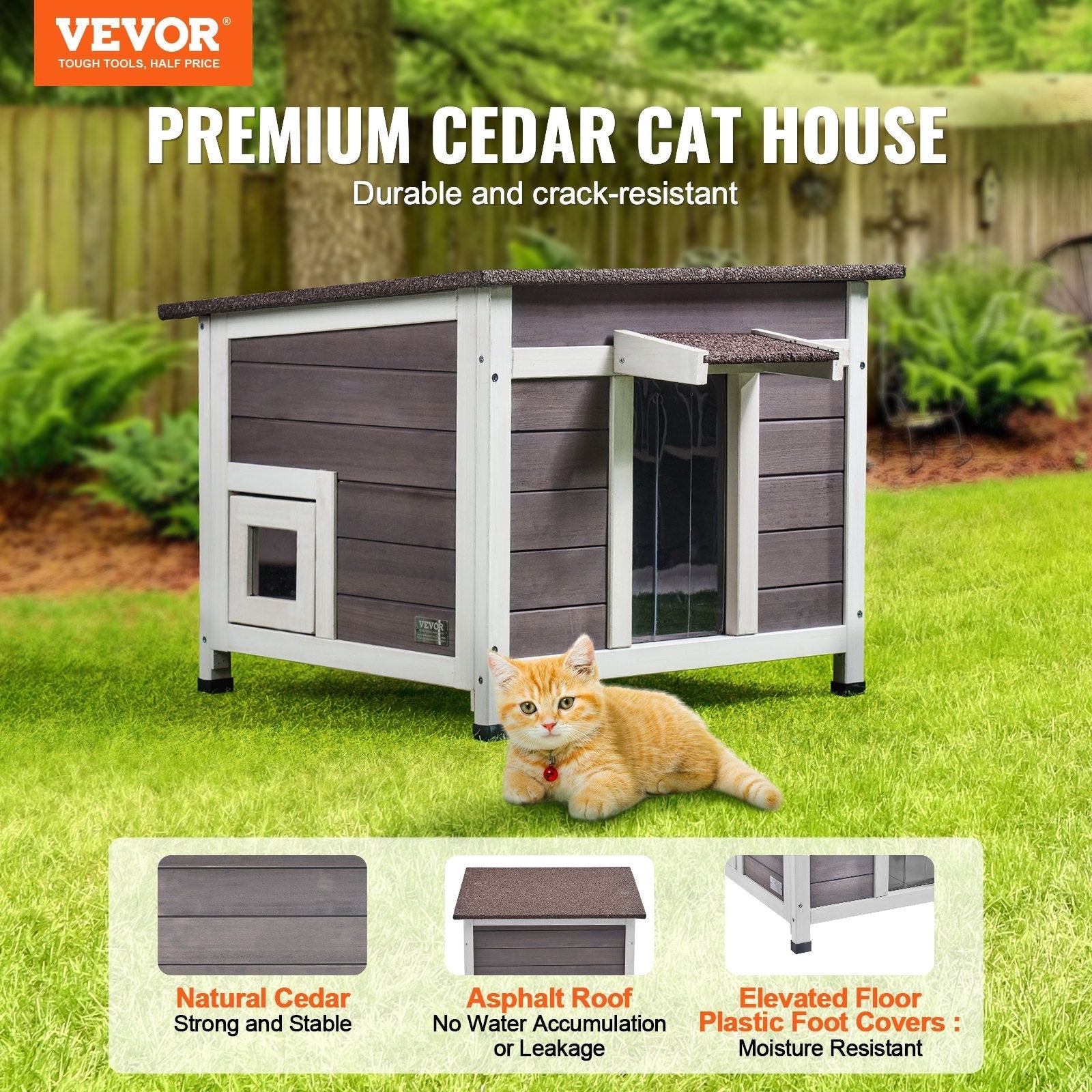 HKM-5673149 Wooden Outdoor Cat House with Roof, Door Flaps, and Window - All-Season Feral Cat Shelter