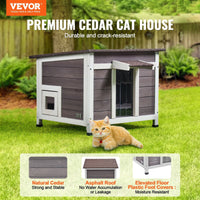 HKM-5673149 Wooden Outdoor Cat House with Roof, Door Flaps, and Window - All-Season Feral Cat Shelter