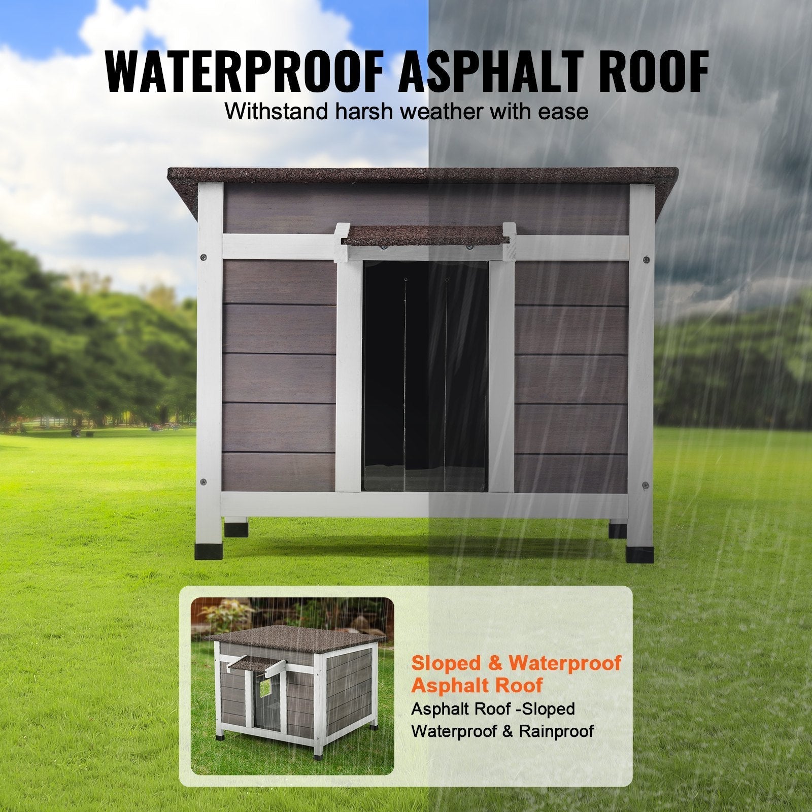 HKM-5673149 Wooden Outdoor Cat House with Roof, Door Flaps, and Window - All-Season Feral Cat Shelter