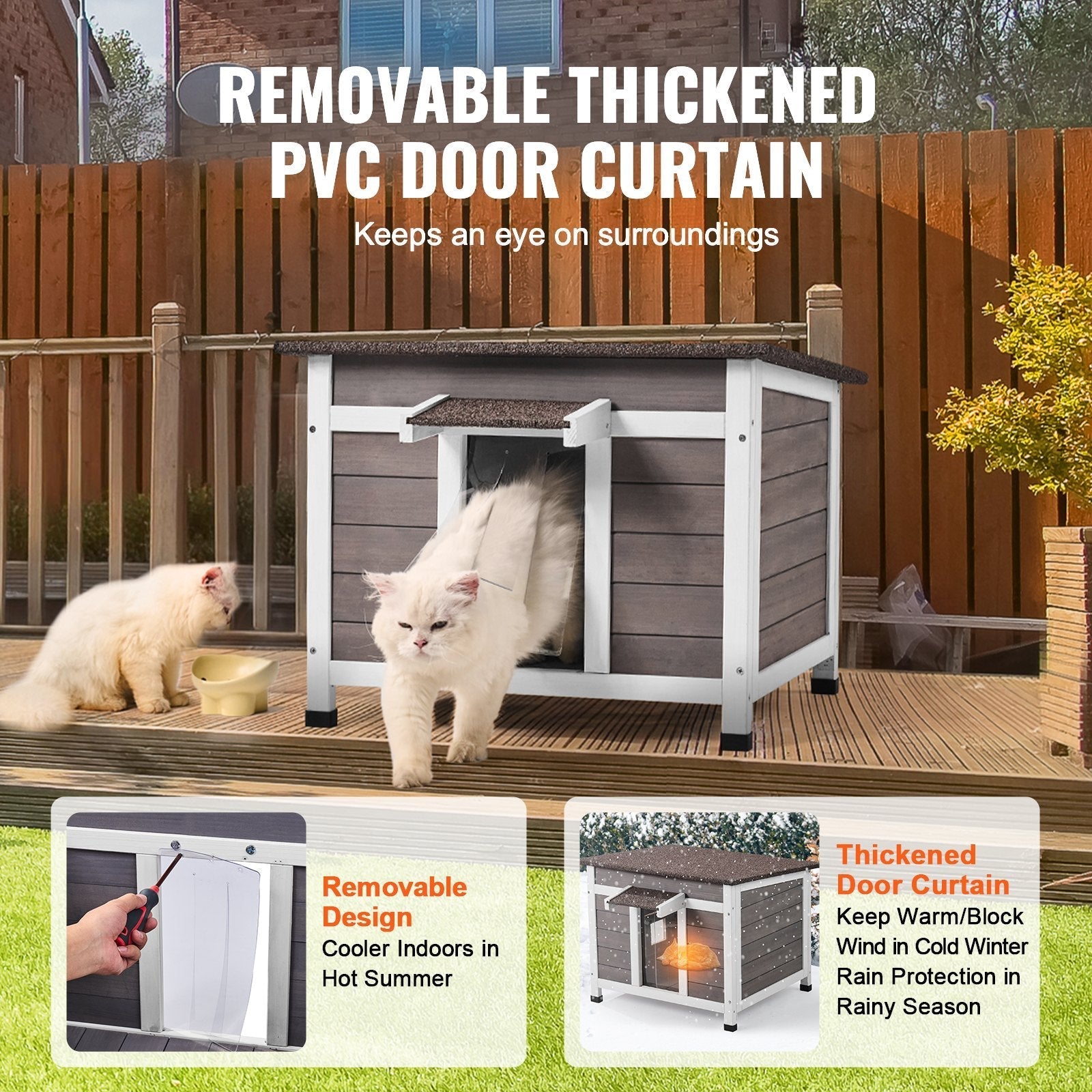 HKM-5673149 Wooden Outdoor Cat House with Roof, Door Flaps, and Window - All-Season Feral Cat Shelter