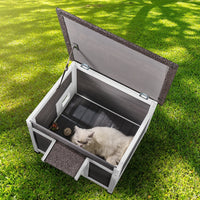 HKM-5673149 Wooden Outdoor Cat House with Roof, Door Flaps, and Window - All-Season Feral Cat Shelter