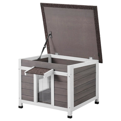 HKM-5673149 Wooden Outdoor Cat House with Roof, Door Flaps, and Window - All-Season Feral Cat Shelter