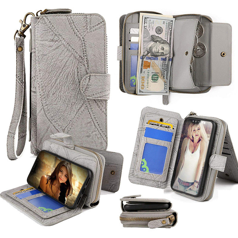 HKM-567315 Magnetic Removable Wallet Phone Case with 14 Card Slots and Zipper Bag