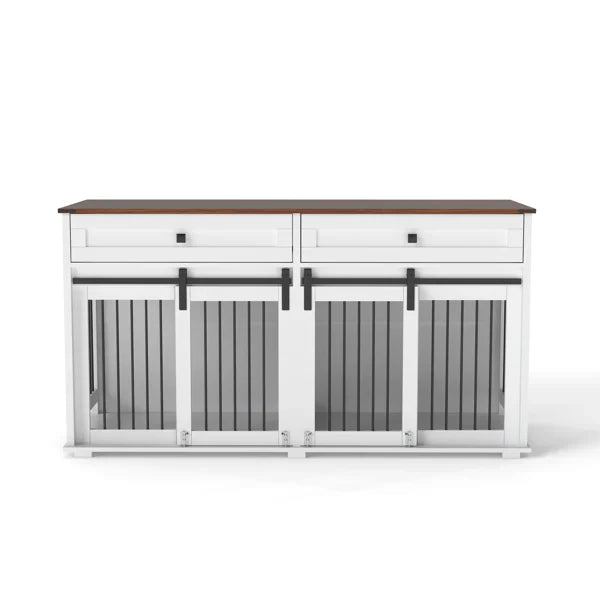 HKM-5673533 Large Wooden Dog Kennel for Two Dogs with Divider, Drawers & Sliding Door - Water-Resistant Indoor Furniture