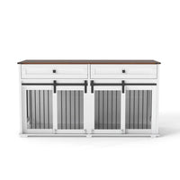 HKM-5673533 Large Wooden Dog Kennel for Two Dogs with Divider, Drawers & Sliding Door - Water-Resistant Indoor Furniture