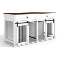 HKM-5673533 Large Wooden Dog Kennel for Two Dogs with Divider, Drawers & Sliding Door - Water-Resistant Indoor Furniture