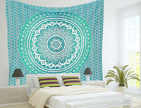 HKM-567763 Indian Mandala Tapestry in Green and Blue Floral Design - 210x150cm Wall Art, Bedspread, Yoga Blanket, Table Cloth