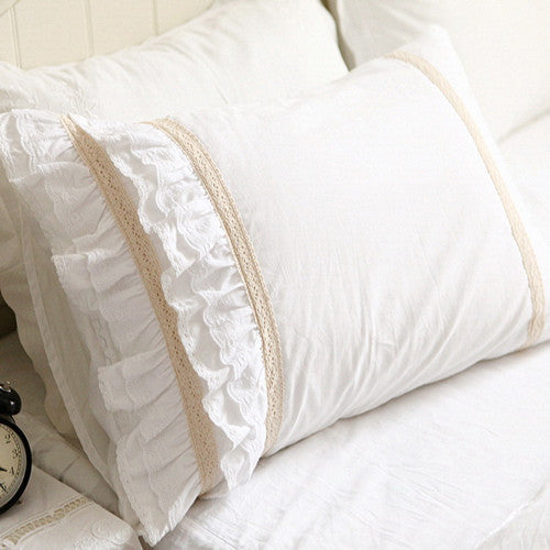HKM-568275 Elegant White Cotton Pillowcase with Crochet Lace and Bow, 48cm x 74cm, Suitable for Single Pillows