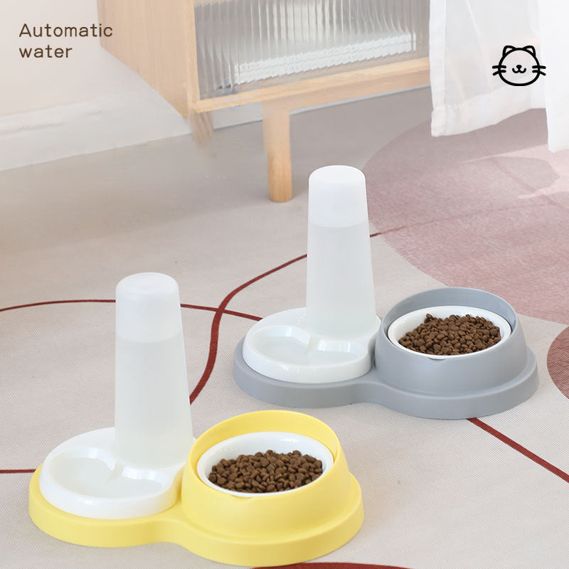 HKM-5682877 Dual Feeding Bowl for Pets with Neck Protection, Non-Slip Design, Integrated Food and Water Feeder in Ceramic and Stainless Steel, 26x12x37cm