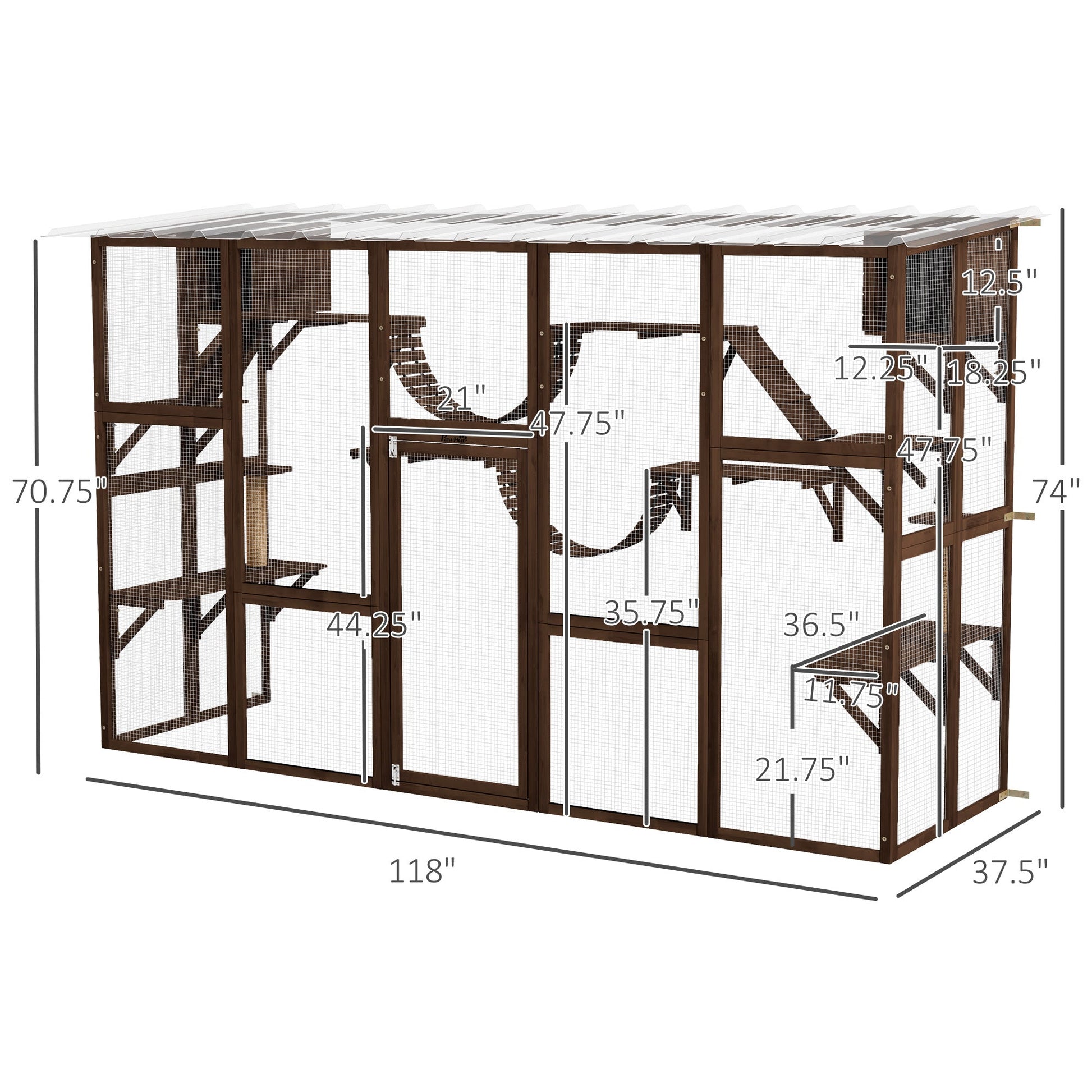 HKM-5685437 Large Outdoor Cat Enclosure with Shelves and Bridges - Coffee Brown, Durable Fir Wood Construction