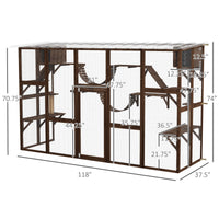 HKM-5685437 Large Outdoor Cat Enclosure with Shelves and Bridges - Coffee Brown, Durable Fir Wood Construction