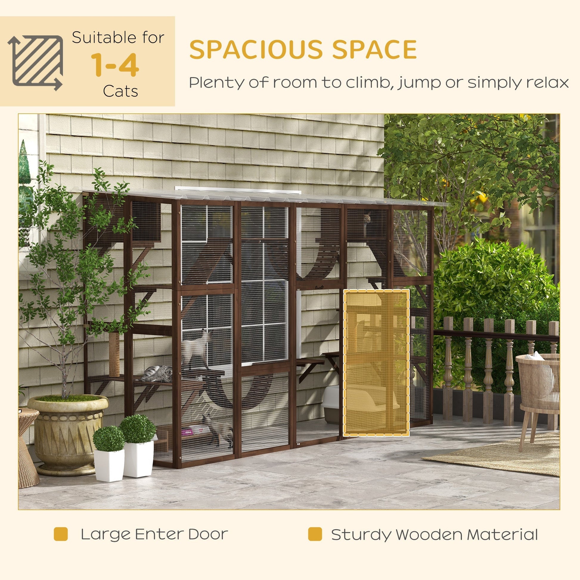HKM-5685437 Large Outdoor Cat Enclosure with Shelves and Bridges - Coffee Brown, Durable Fir Wood Construction