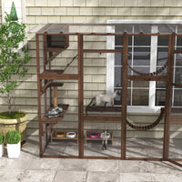 HKM-5685437 Large Outdoor Cat Enclosure with Shelves and Bridges - Coffee Brown, Durable Fir Wood Construction