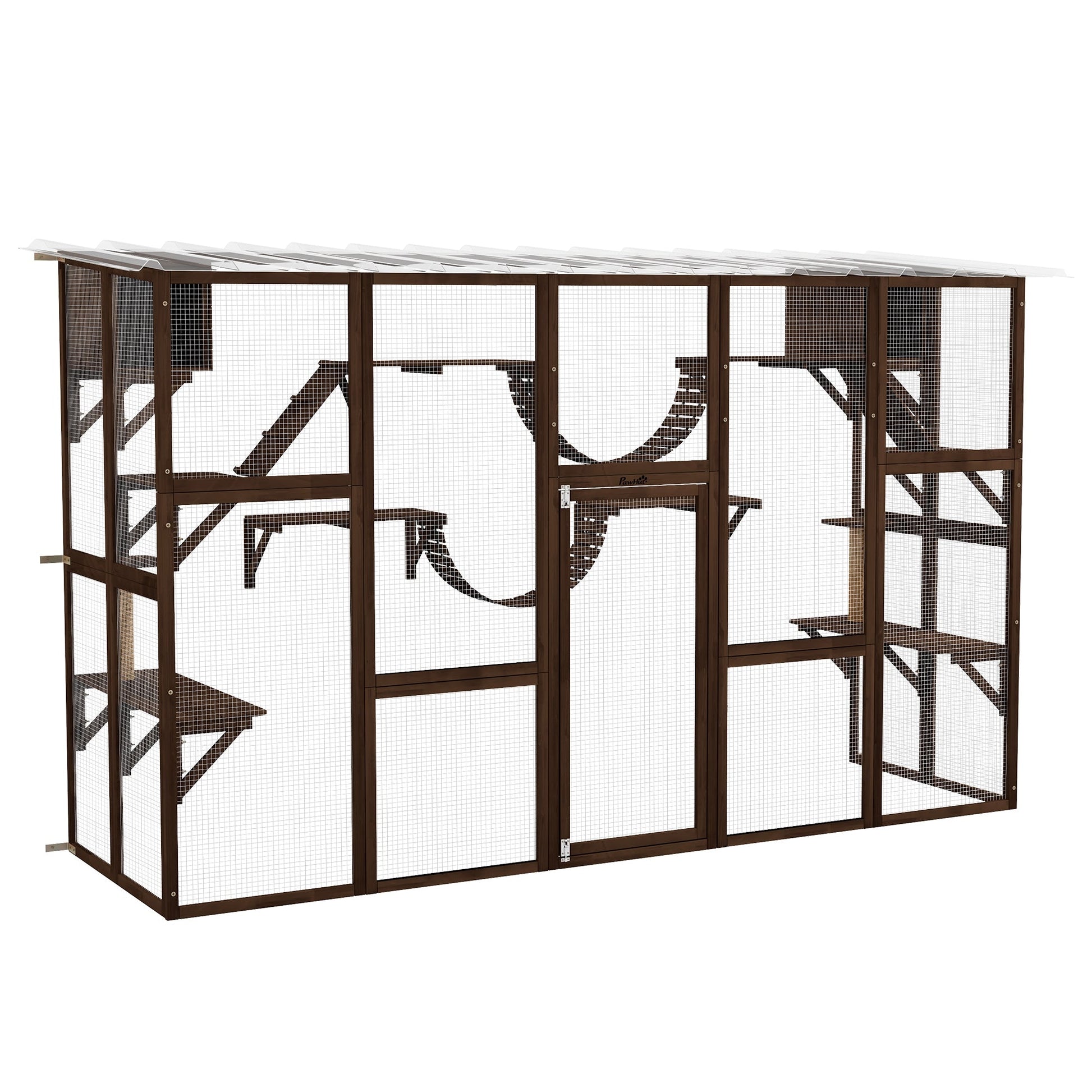 HKM-5685437 Large Outdoor Cat Enclosure with Shelves and Bridges - Coffee Brown, Durable Fir Wood Construction
