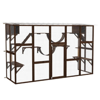 HKM-5685437 Large Outdoor Cat Enclosure with Shelves and Bridges - Coffee Brown, Durable Fir Wood Construction