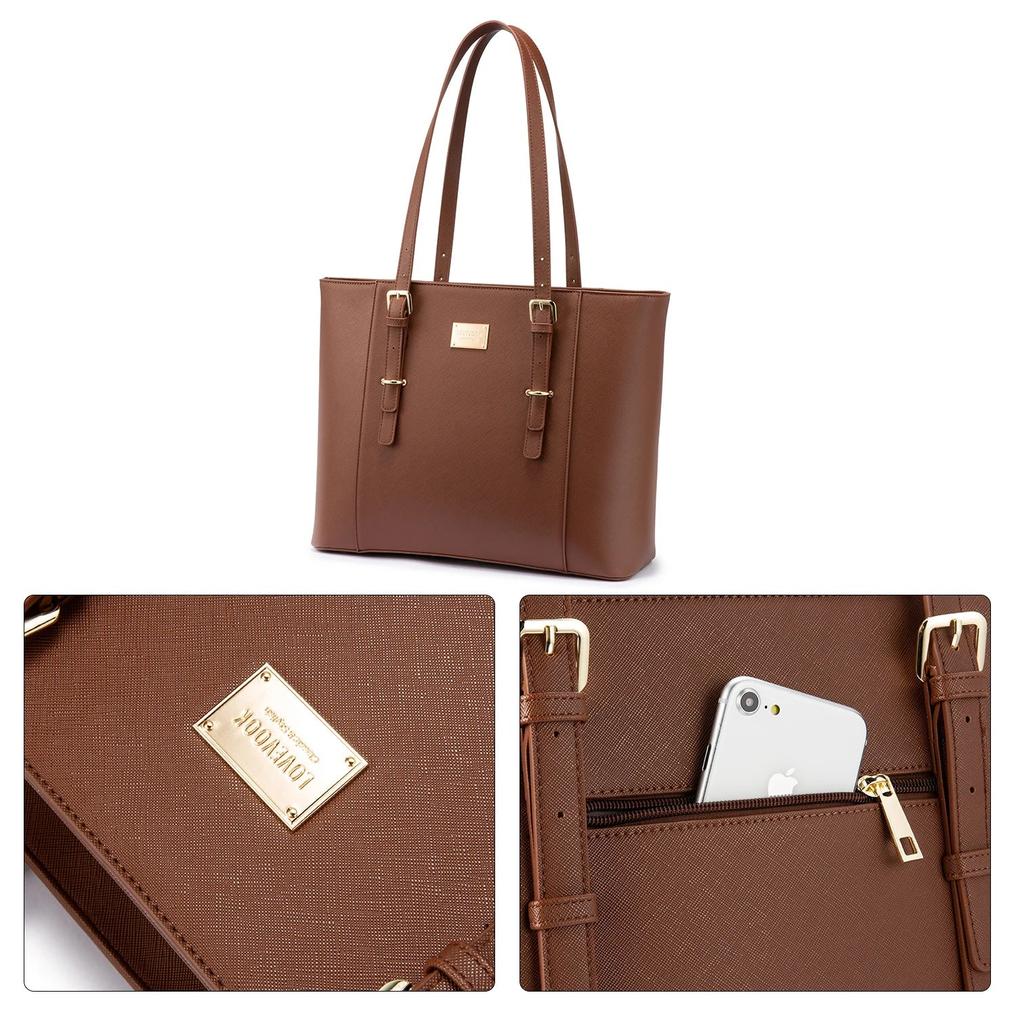 HKM-568915 Large Leather Laptop Tote Bag for Women - Casual Office Briefcase with Shoulder Strap
