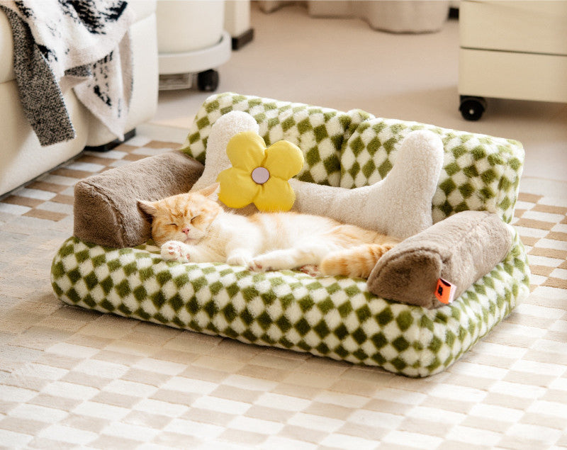 HKM-5689405 Warm Removable Washable Cat Litter Bed - Retro Diamond Design, Cloth Material, 66x37x33cm