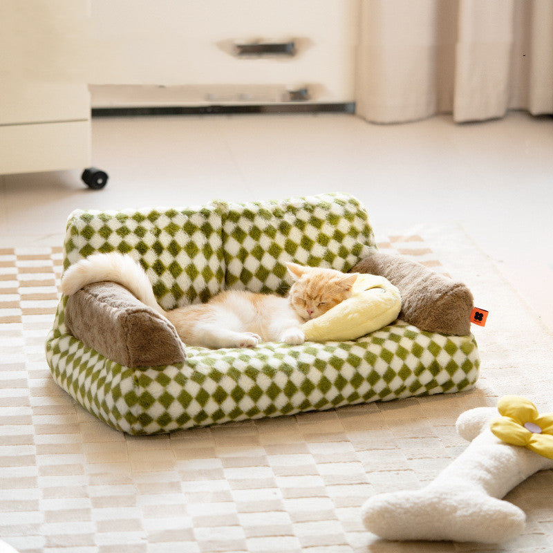 HKM-5689405 Warm Removable Washable Cat Litter Bed - Retro Diamond Design, Cloth Material, 66x37x33cm