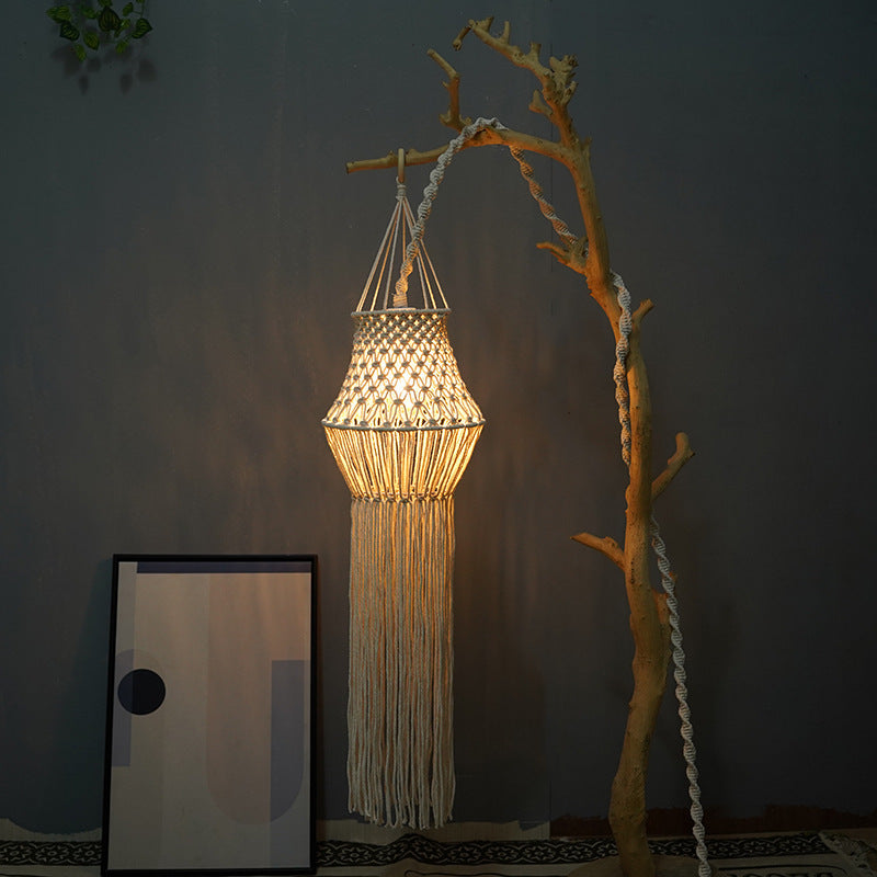 HKM-569043 Beige Bohemian Hand-Woven Lampshade with Tassel Decoration for Bedroom Lighting
