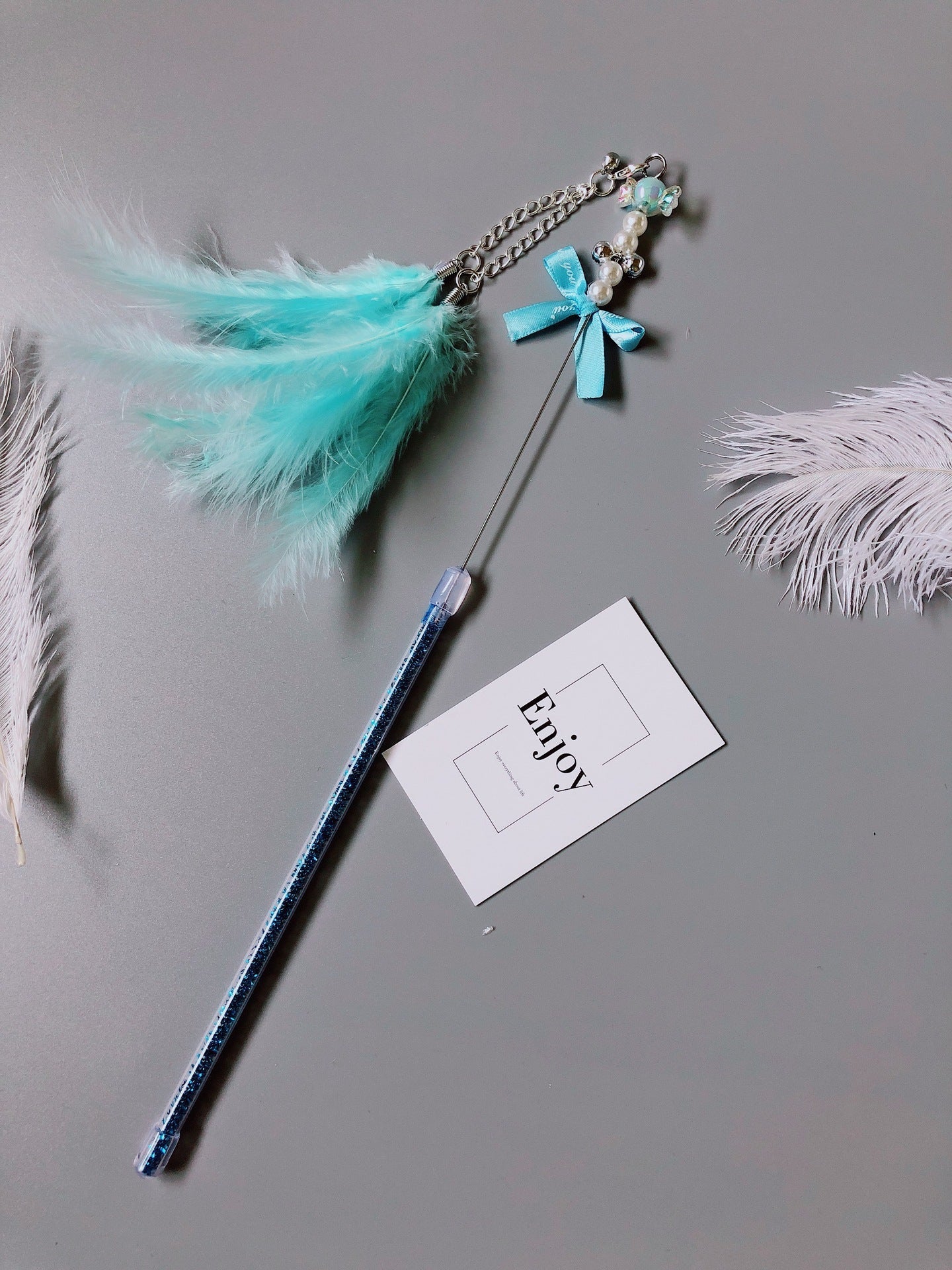 HKM-5699133 Handmade Cowhide Cat Stick Toy in Blue, Pink, Purple, and Yellow