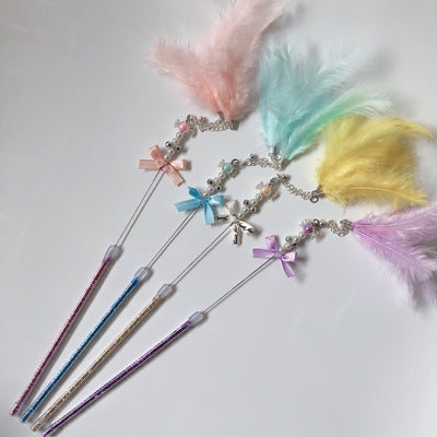 HKM-5699133 Handmade Cowhide Cat Stick Toy in Blue, Pink, Purple, and Yellow