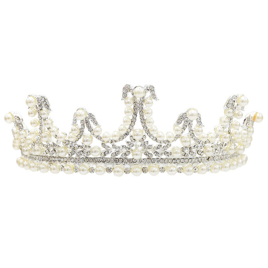 HKM-569939 Bridal Pearl and Rhinestone Crystal Tiara Crown - Elegant Headpiece for Weddings and Special Occasions