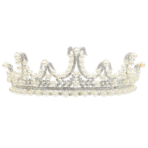 HKM-569939 Bridal Pearl and Rhinestone Crystal Tiara Crown - Elegant Headpiece for Weddings and Special Occasions