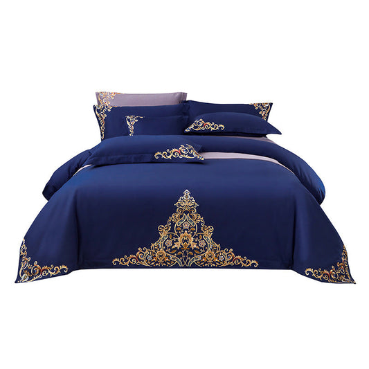 HKM-570195 Blue Cotton Matte Embroidered 4-Piece Bedding Set