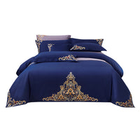 HKM-570195 Blue Cotton Matte Embroidered 4-Piece Bedding Set