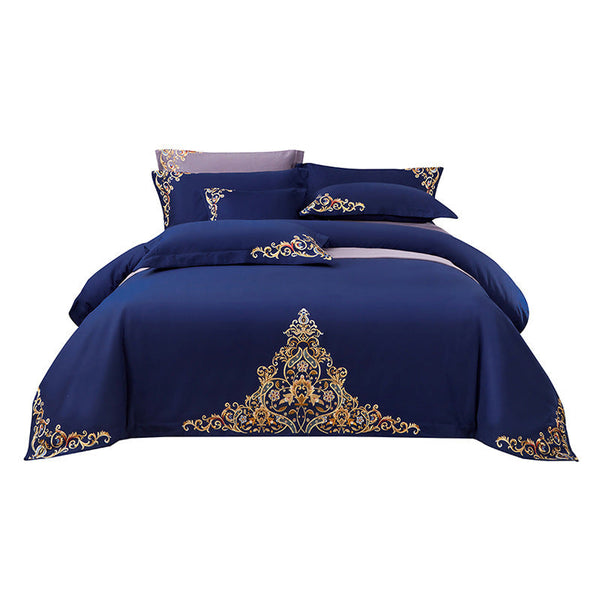 HKM-570195 Blue Cotton Matte Embroidered 4-Piece Bedding Set