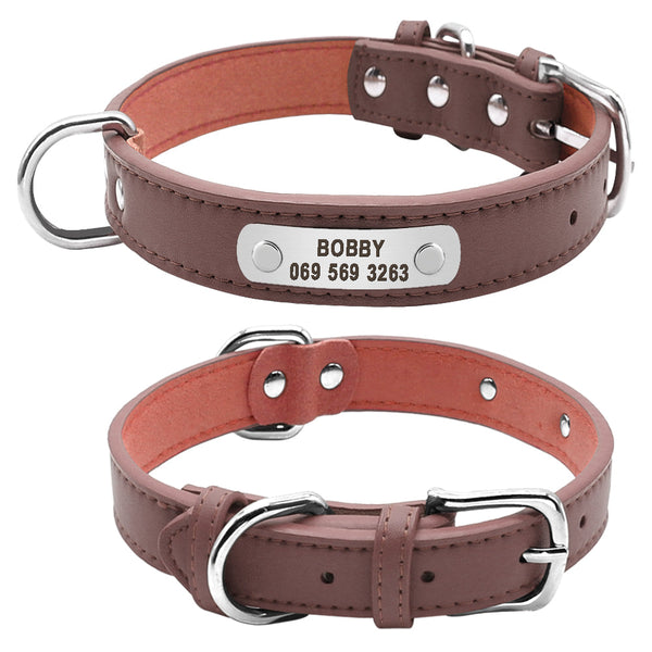 HKM-5704637 Durable Personalized PU Leather Pet ID Collar for Small to Large Dogs and Cats - Adjustable, Soft Padded with Custom Engraving Options